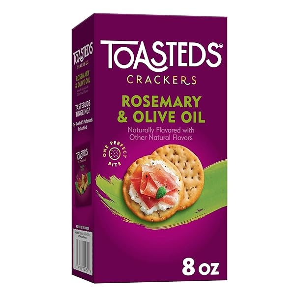 TOASTEDS CRACKERS, PARTY SNACKS, LUNCH SNACKS, ROSEMARY AND OLIVE OIL, 8OZ BOX (1 BOX)