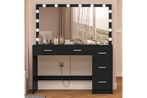 usikey 47.2" Large Vanity Desk with Lighted Mirror, 14 Lights, Makeup Vanity Table with 5 Large Drawers & Charging Station, Makeup Vanity Desk, Vanity Table Set for Bedroom, Black