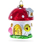 Whimsical Fairy Tale Mushroom House Glass Christmas Ornament