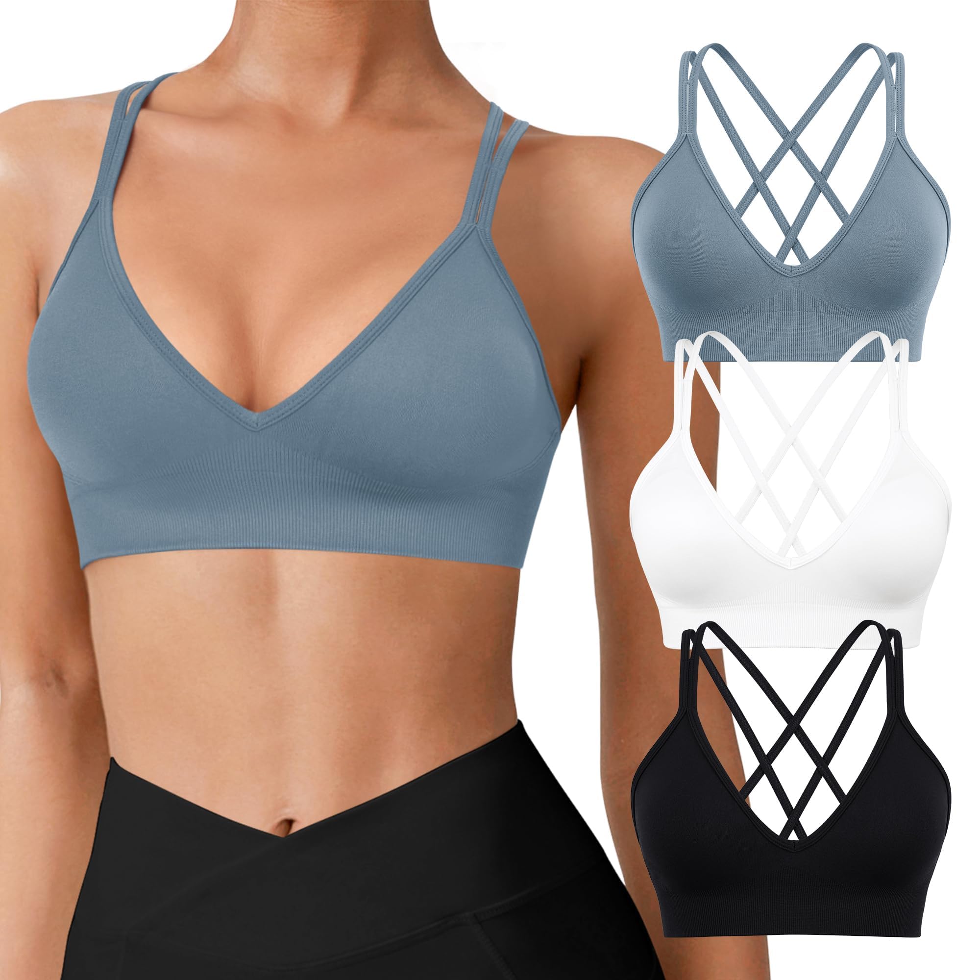 Photo 1 of VEQING 3 Pack Women's Seamless Sports Bra - Deep V Neck Wirefree Yoga Bras with Removable Pads, Crisscross Strappy Back Comfortable Low Impact Workout Bralette for Small Chests, Daily Wear