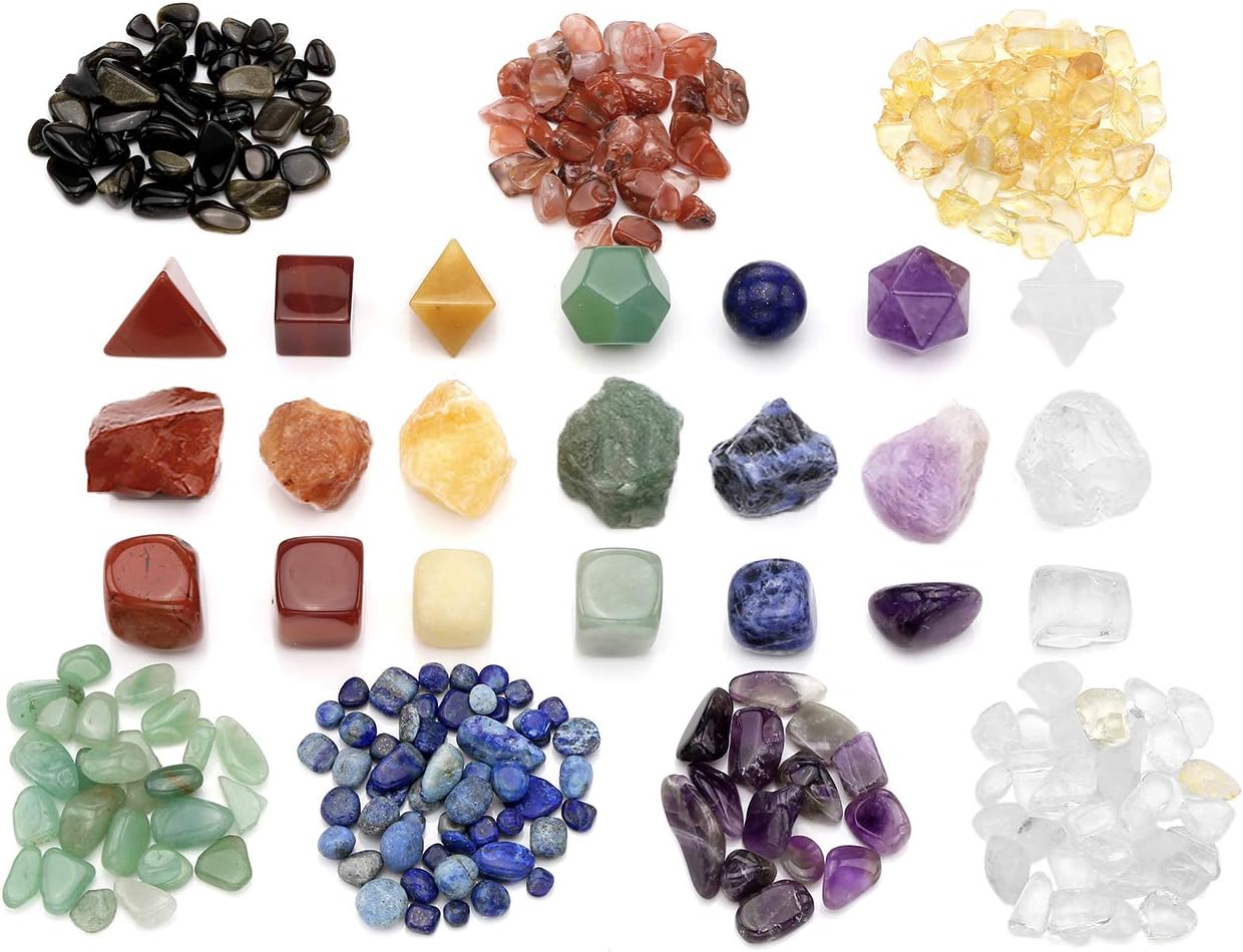 MANIFO 7 Chakra Healing Crystal Gemstone Set, Natural Rough Raw Stone, Polished Tumble Stones, Platonic Solids Crystals (21pcs+1 Box Chip Stone)