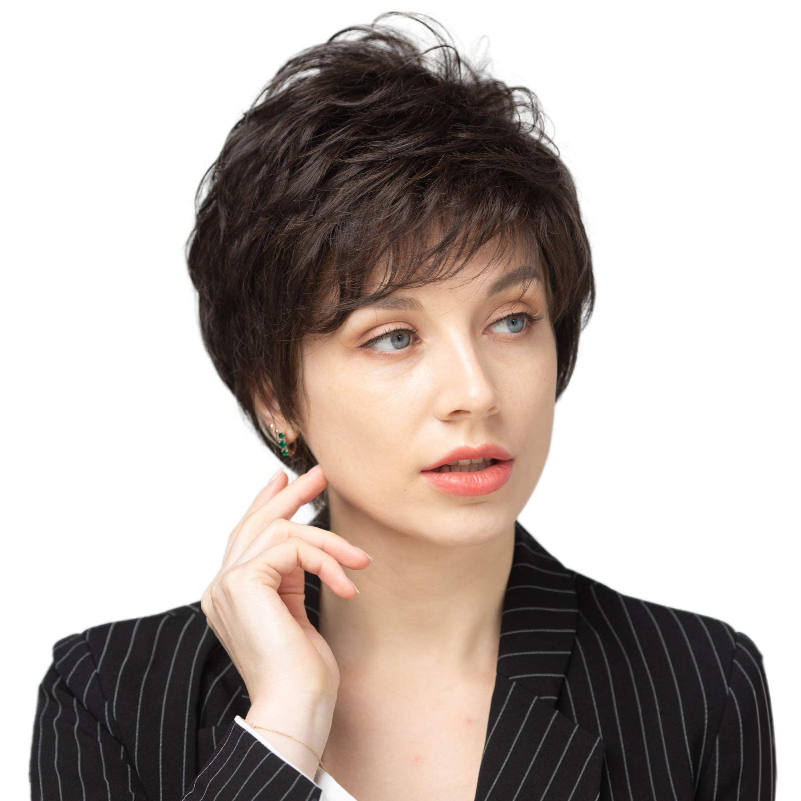 EMMOR Short Dark Brown Human Hair Wigs for Women Blend with Healthy Memory Fiber Pixie Curly Wig With Bang,Natural Daily Use Hair (Dark Brown) — image 1