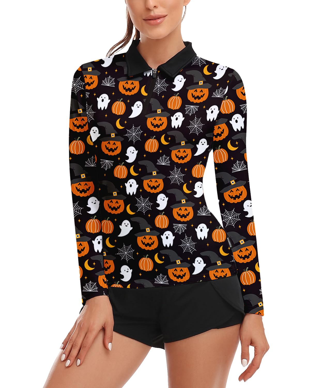 Photo 1 of Women Halloween Long Sleeve Polo Shirt Moisture Wicking Sport Golf Polo Shirt Tops
