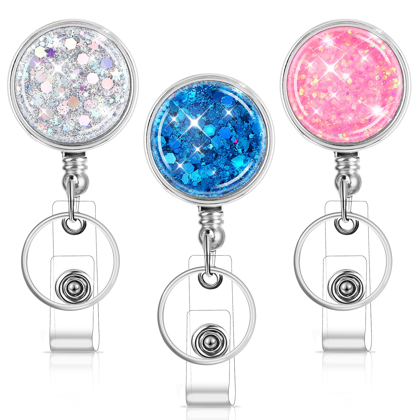 Thinp 3 Pack Glitter Badge Reel,Retractable Badge Reel with Key Ring & Belt Clip Glitter Id Badge Holder Bling Cute Badge Clip for ID Cards Office Keychain Nurses Volunteers Teachers and Students
