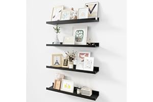 Acovy Picture Ledge Shelf, Wood Floating Shelves Set of 4, 24 inch Picture Ledge Shelves, Photo Ledge Nursery Book Shelves Wall Mounted for Living Room Kids' Room Bedroom, Color Black