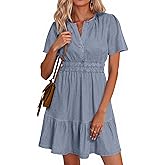 Simplee Womens Summer Denim Dress Casual Short Sleeve Mini Dress Boho Beach Flowy Tiered Short Jean Dresses with Pockets