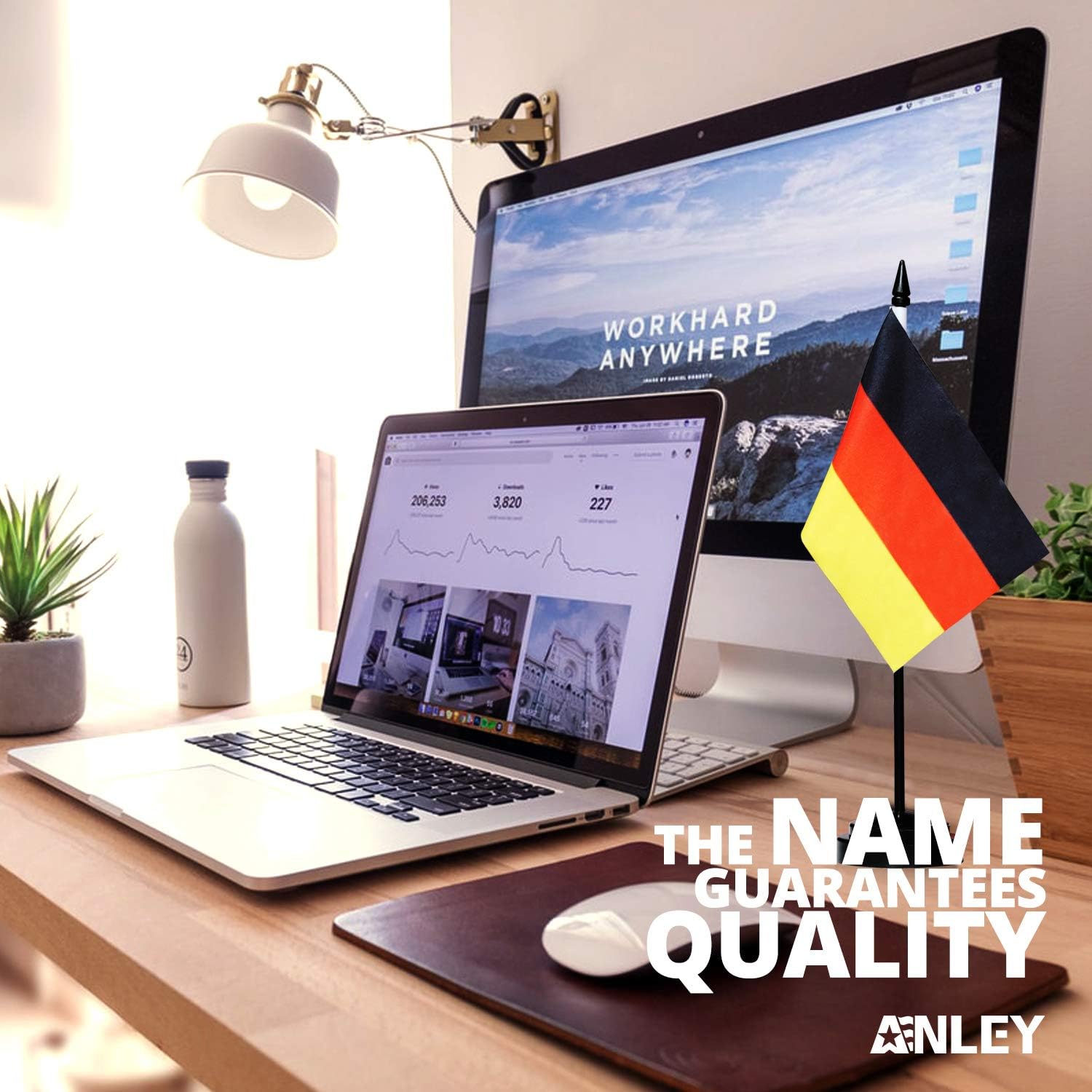 ANLEY Germany Deluxe Desk Flag Set - 6 x 4 Inch Miniature German Desktop Flag with 12" Solid Pole - Vivid Color and Fade Resistant - Black Base and Spear Top : Office Products