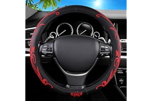 FBLOWMOD Car Leather Steering Wheel Cover - Panapi Material, Universal 14.5-15 Inch Leather Anti-Slip Breathable Auto Steering Wheel Covers for Men Women (Embroidery-Red)