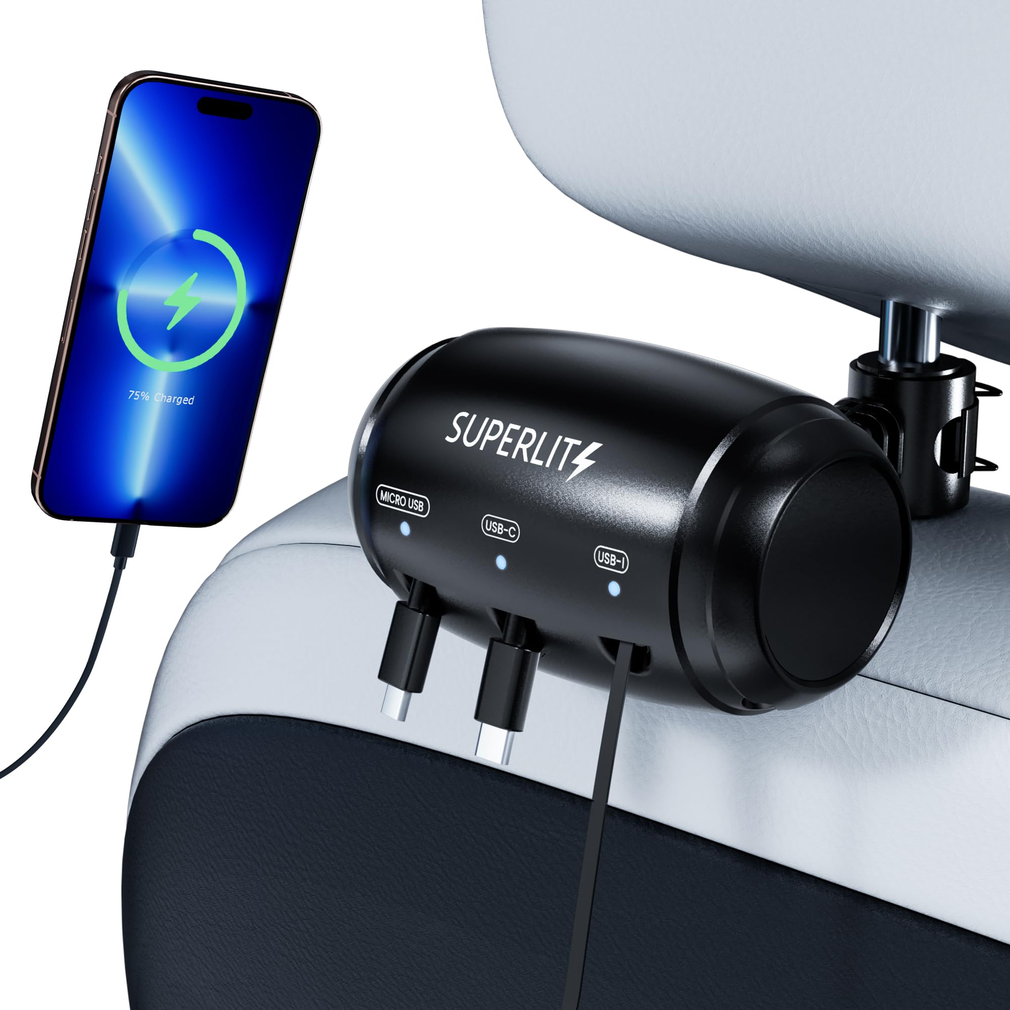 Photo 1 of SUPERLIT 3-in-1 Retractable Backseat Charging Station Box – Fast Car Charger for All Phones (iPhone, Samsung, Android) – Headrest Mount for Uber, Lyft, Turo, Taxi, Rideshare Drivers