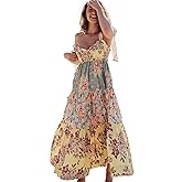 Women Floral Maxi Dress Sundress Tie Shoulder Smocked Flowy Bohemian Dresses Summer Fall with Pockets