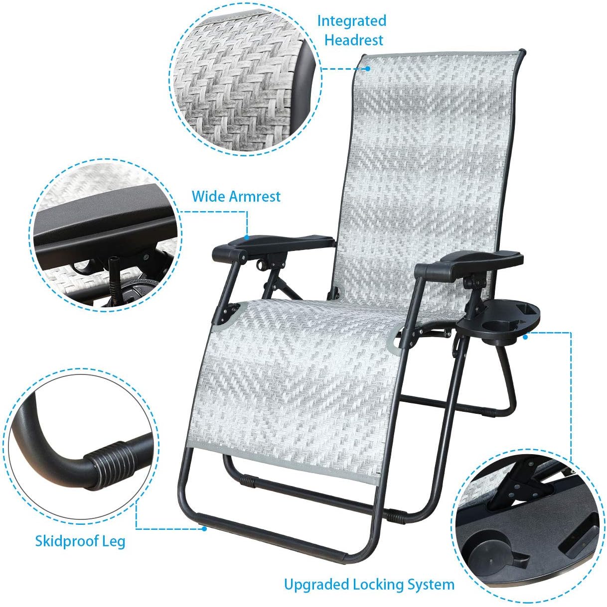 GOLDSUN Rattan Zero Gravity Chaise Lounge Chair Adjustable Patio Lawn Wicker Reclining Lounger Chair with Tray for Outdoor,Garden,Beach,Porch,Swimming Pool (Grey with Round Leg): Kitchen & Dining