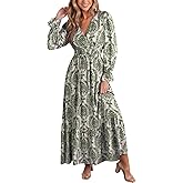CUPSHE Maxi Dresses for Women V Neck Ruffled Long Sleeve Paisley Smocked Waist A Line Casual Flowy Fall Wedding Guest Dress