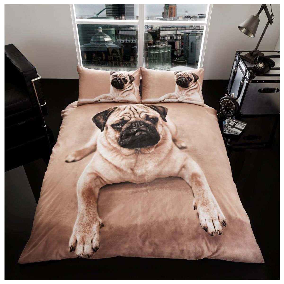 GC GAVENO CAVAILIA 3D Wildlife Duvet Cover Animal Printed Quilt Set Luxury Bedding, 100% Polyester, Brown Pug, Double