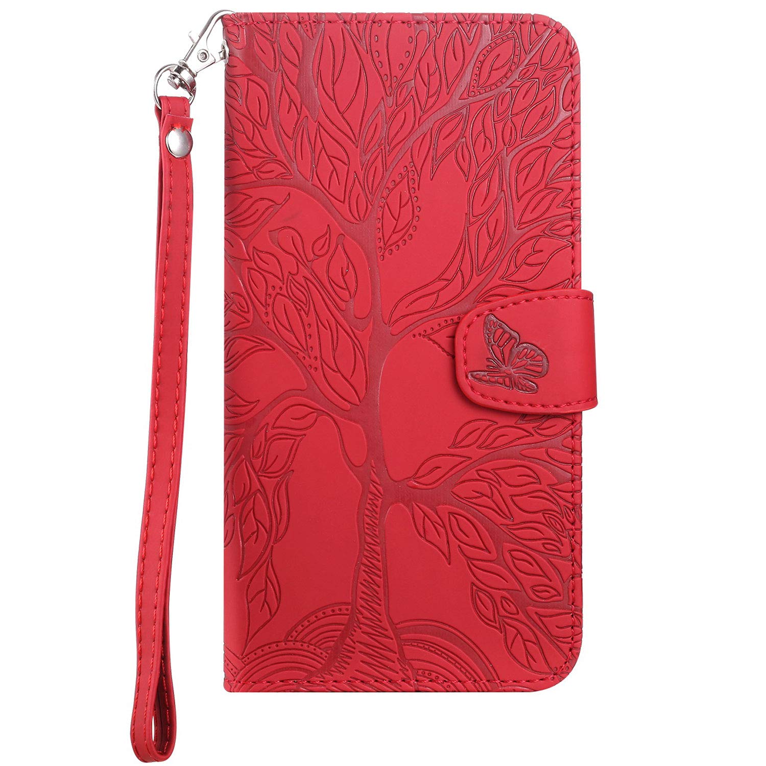 Aisenth for Samsung Galaxy A51 Flip Case, The Tree of Life Embossed PU Leather Wallet Phone Folio Case Magnetic shockproof Protective Cover with Stand function, Card Slots + 1 pcs Wrist Strap (Red)