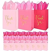 Whaline 30 Pcs Valentine's Day Hot Pink Thank You Paper Gift Bags 3 Colors Gold Foil Thank You Party Favor Bags with Handle and 40 Sheets Tissue Paper for Mother's Day Wedding Baby Shower Birthday