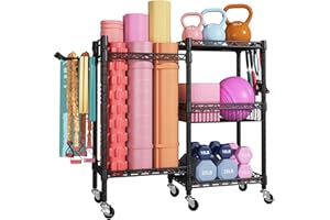 FUTASSI Home Gym Storage, 3 Tiers Workout Equipment Organizer with Wheels for Yoga Mats, Foam Roller, Dumbbells, Kettlebells,