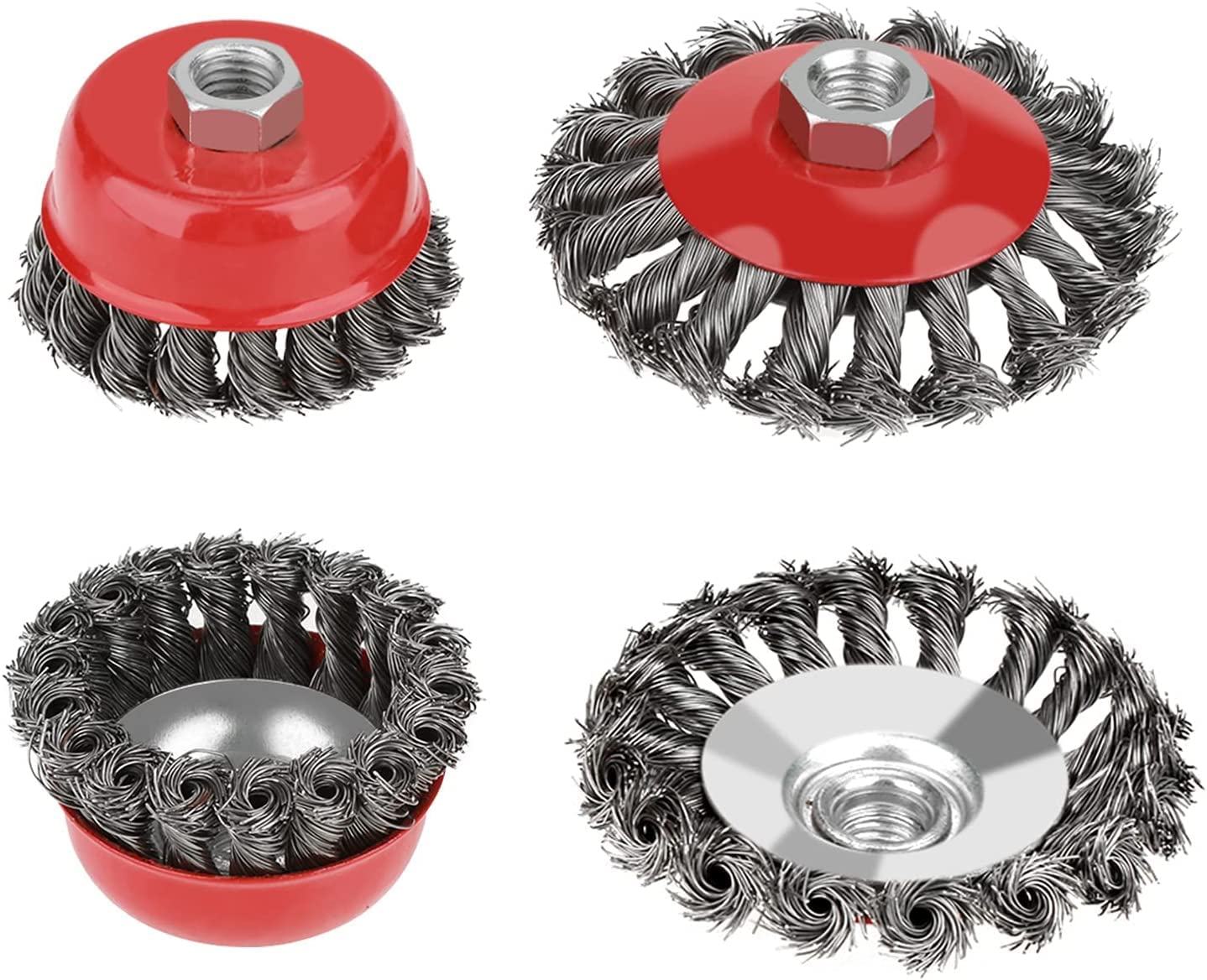 Wire Brush for Angle Grinder, 4 Pcs M14 Thread Wire Wheel Cup Brush Set Kit Twist Knot Semi Flat Wire Brush Set, for Paint Rust Removal Weld Cleaning and Sanding Diameters 75 mm 105mm