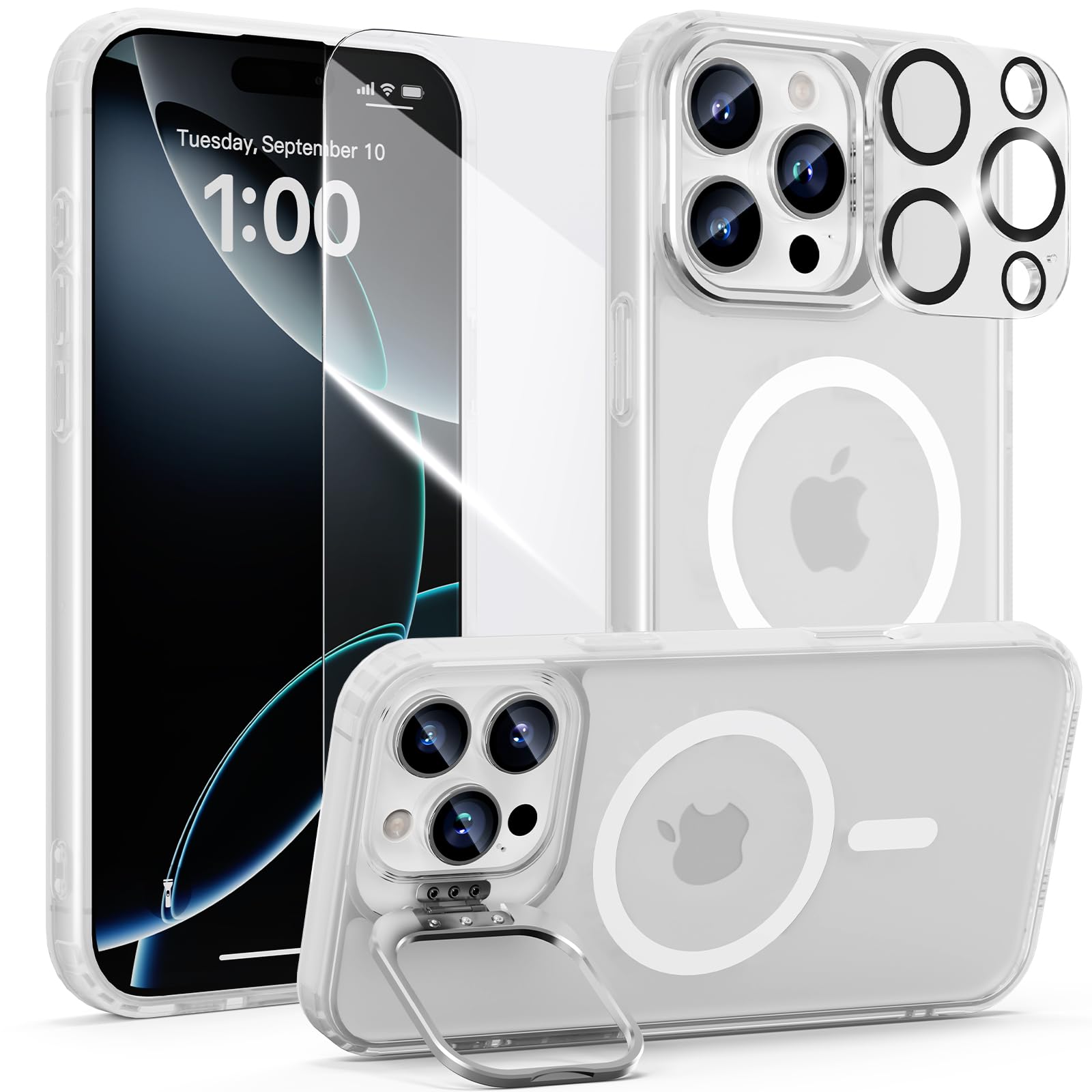 ZZYYQSL for iPhone 16 Pro Case with Stand, iPhone 16 Pro Case with Screen Protector and Camera Protector, Magnetic Compatible with Magsafe, Matte Translucent Shockproof Cover, White