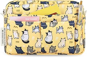qianshan Portfolio Organizer with Multiple Pockets, Waterproof Travel Zippered Cosmetic Bag, Portable Storage Bag for Notebooks, Stationeries, Make-up, Journal Office Art Supplies.Yellow Cat