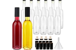 GUANENA 12 Pack 12oz Clear Glass Bottles with Cork Lids and PVC Shrink Capsules, 375 ml Empty Home Brewing Wine Bottles with Funnel for Sparkling Wine, Juice, Kombucha, Beverages