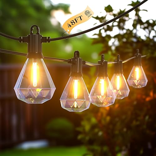 Kawaya Outdoor String Lights 48 FT LED Patio Lights with 24 Shatterproof Unique Diamond Edison Bulbs Warm White 2700K Dimmable IP65 Waterproof Outside Hanging Lights for Yard Porch Balcony Bistro Cafe