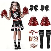 CIRCKOPS Halloween Zombie Cheerleader Costume for Girls Party Dress Up | Scary Cheerleading Costume, Red and Black, Spooky, Dead Cheer Uniform Outfit for Kids Cosplay Birthday Gift