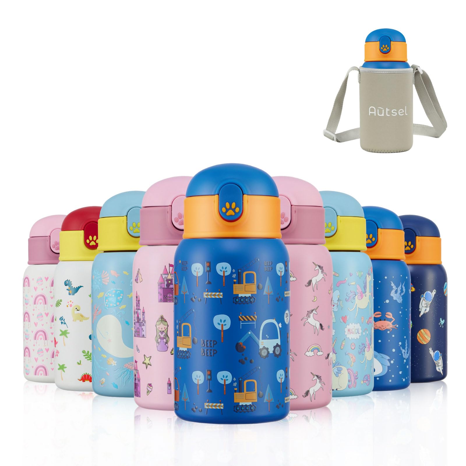 Autsel Kids Water Bottles with Straw 400ml, Childrens Insulated Water Bottle Stainless Steel BPA-Free, Kids Metal Water Bottle for Girls/Boys, Keep Hot/Cold — image 1