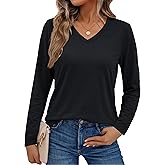 SMENG Women's Long Sleeve Shirts V Neck Cotton Blend T-Shirt Solid Color Breathable Comfy Basic Tee