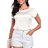 Wantschun Womens Silk Satin Shirt Casual Cap Short Sleeve Blouse Basic Round Neck Work Tops
