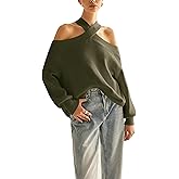 ZOCPEONY Women Halter Cross Over Collar Shoulder Sweater Loose Fit Solid Color Knit Tops