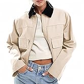Lingjiazi Womens Cropped Jacket Contrast Collar Zip Up Utility Coat Barn Jacket Outwear with Pockets