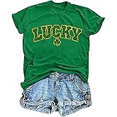 AMWIPE St Patricks Day Shirt Womens Lucky Shamrock Clover Print Tee Shirt Funny Irish Patricks Day Gift Tops