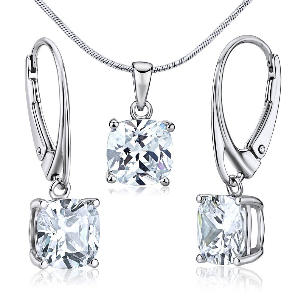 Silver Earrings and Pendant with Clear Zirconia 8mm Sterling Silver 925