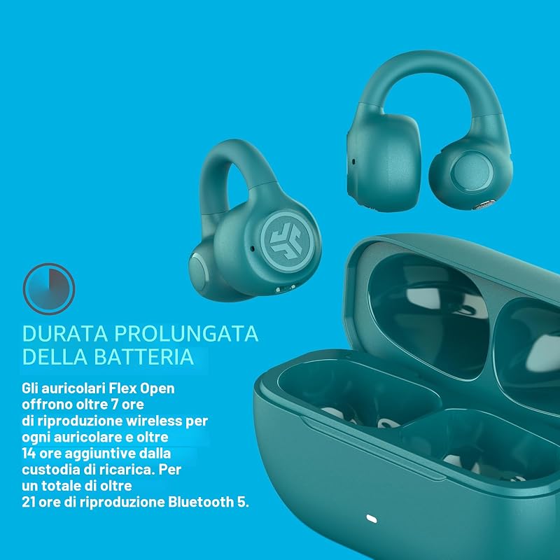 Flex Cuffie Open Ear - Auricolari Open Ear Wireless, Design con Clip, 21H di Autonomia, Auricolari con Bluetooth Multipoint, Microfono MEMS, Personalizzazione con App, Verde Acqua