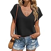 Tankaneo Womens Cropped Deep V Neck T Shirts Summer Casual Short Cap Sleeve Tops Loose Fit Basic Tee