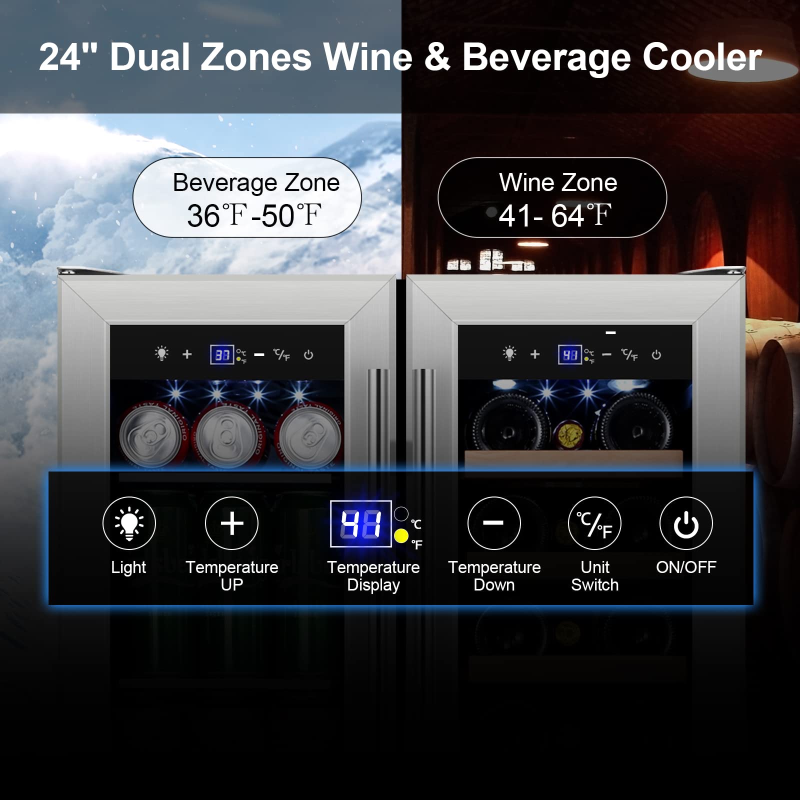 Tylza Wine and Beverage Refrigerator 24 Inch Dual Zone, French Door Wine and Beverage Cooler 24'' Built-In or Freestanding Drink Fridge, Under Counter Beer Refrigerator
