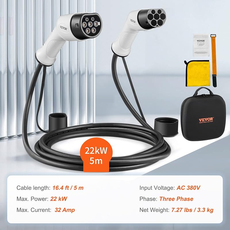 Câble de Recharge EV de Type 2 à Type 2 Chargement Monophasé Véhicule Électrique 32 A 22 kW 5,5 m IP66 Étanche avec Sac de Transport pour IEC62196 Véhicule Électrique Hybride Rechargeable CE TÜV