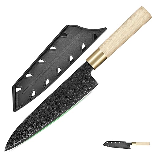 FULLHI Japanese Knife Black Damascus Steel with Sheath, handforged Blade Wood Handle Gyutou sashimi Chef Knife Kitchen Knife with Box for man women gift