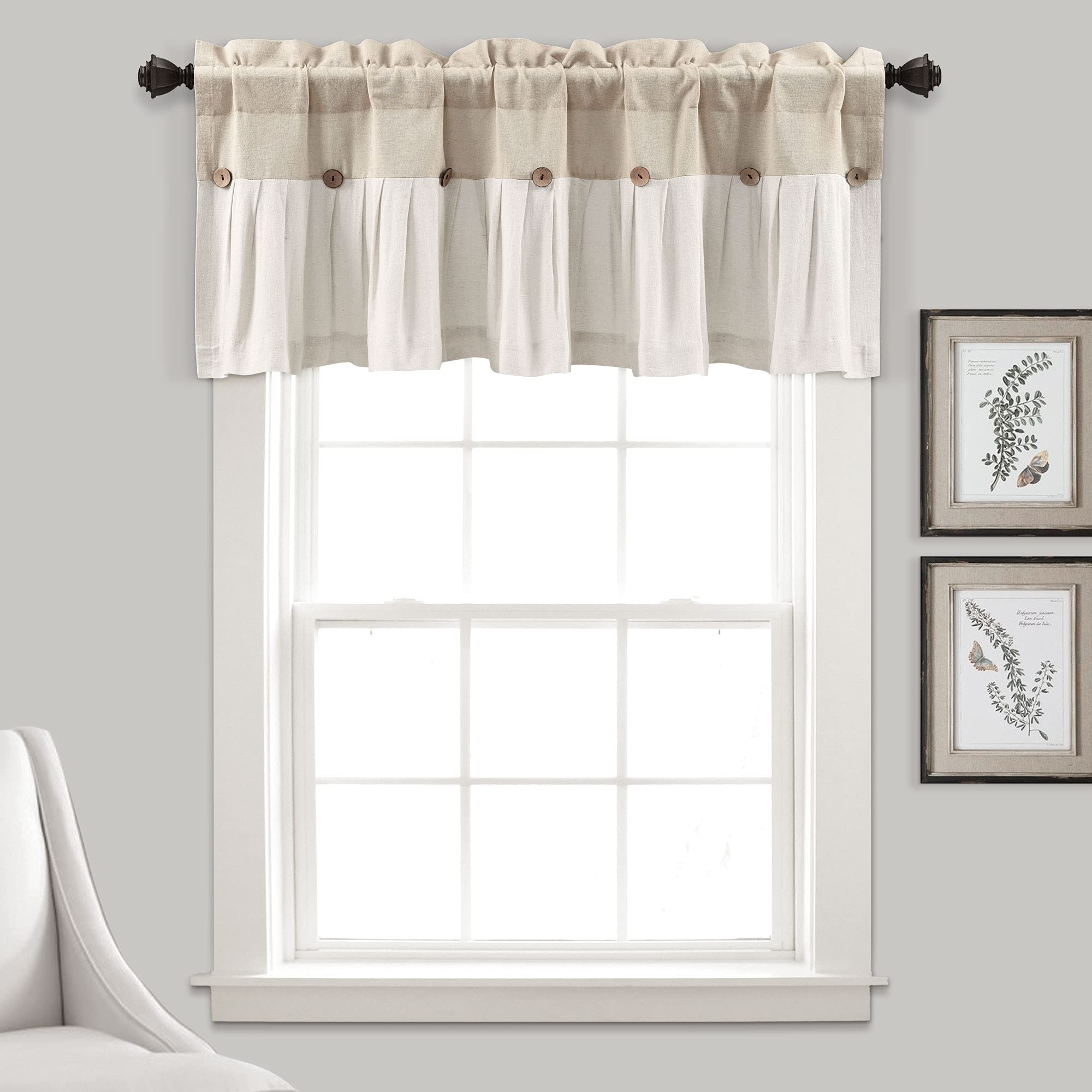 Lush Decor Linen Button Farmhouse Valance Curtians 84"W x 18"L Linen - Linen Valances For Windows - Kitchen Curtains Valances - Bathroom Curtain Image