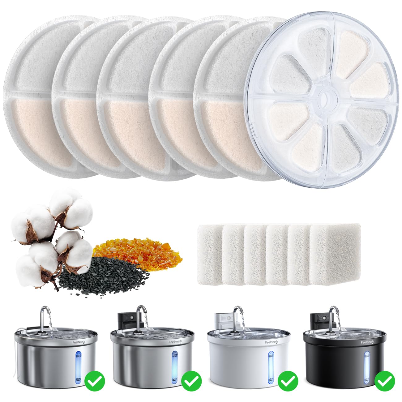 FEELNEEDY 6 Pack Filter & 6 Pack Pump Filter Sponges Replacement for 3.5L Wireless Cat Water Fountain (FN-W08L), 3.2L Cat Water Fountain for Drinking (FN-W06)