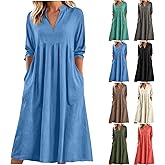 Casual Summer Dresses for Women V-Neck 3/4 Length Sleeve Maxi Vacation Dress Loose Beach Sundresses with Pockets