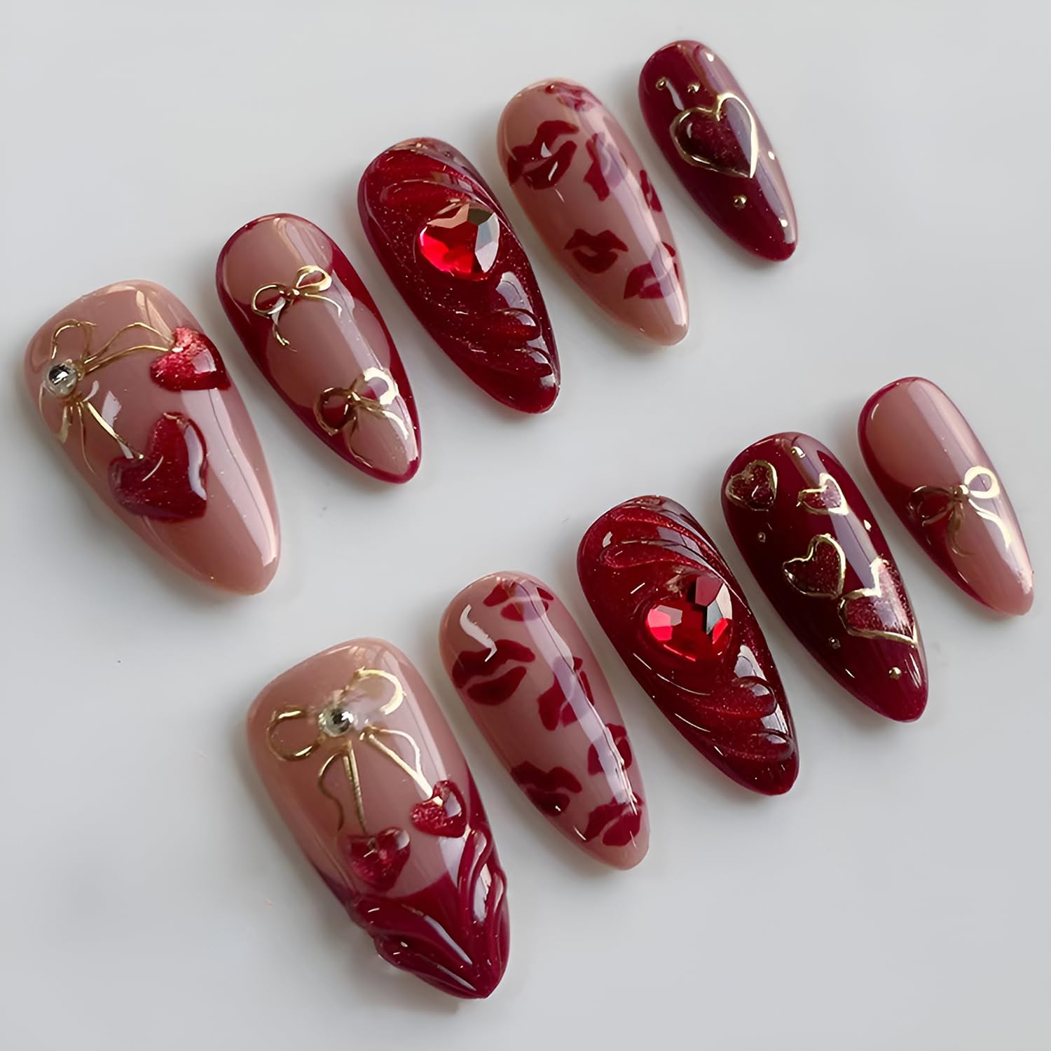 Photo 1 of 30Pcs Valentines Press On Nails Medium Almond Fake Nails Red 3D Heart False Nails With Bow Red Lips Designs French Tip Nail Press Ons Full Cover Valentines Day Stick On Nails For Women Girls