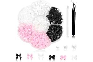 RODAKY 300Pcs Bow Nail Charms and Flatback Pearls,Black White Pink Bowknot 3D Cute Nail Charms for Acrylic Nail Supplies Design,White Half Pearls for Nail Jewelry DIY Crafts Nail Art Decoration Accessories