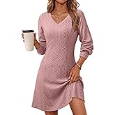 Dokotoo Dresses for Women Trendy V Neck Knit A Line Long Sleeve Dress Sweater Dress