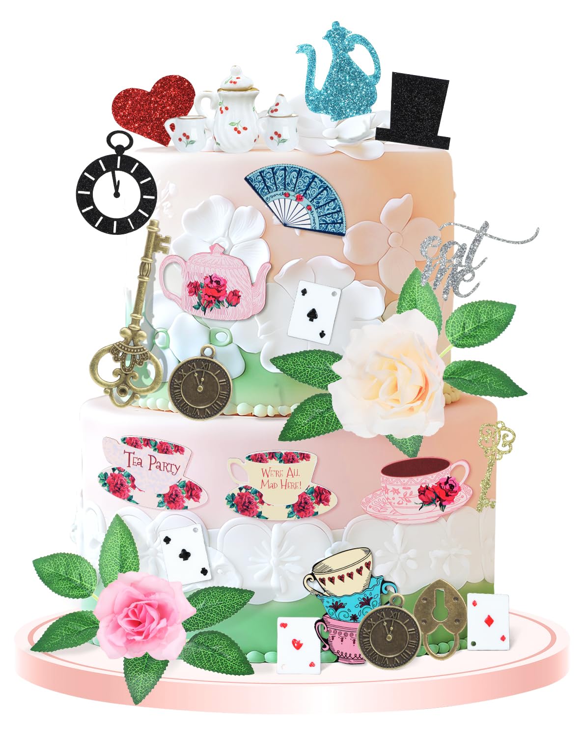 Photo 1 of Glavatrix 15 Pieces Alice Cake Decoration, Tea Party Cake Topper With Tea Service Flower Key Clock Lock Poker, Tea Party Birthday Decorations for Baby Shower, Floral Tea Themed Birthday Party Supplies