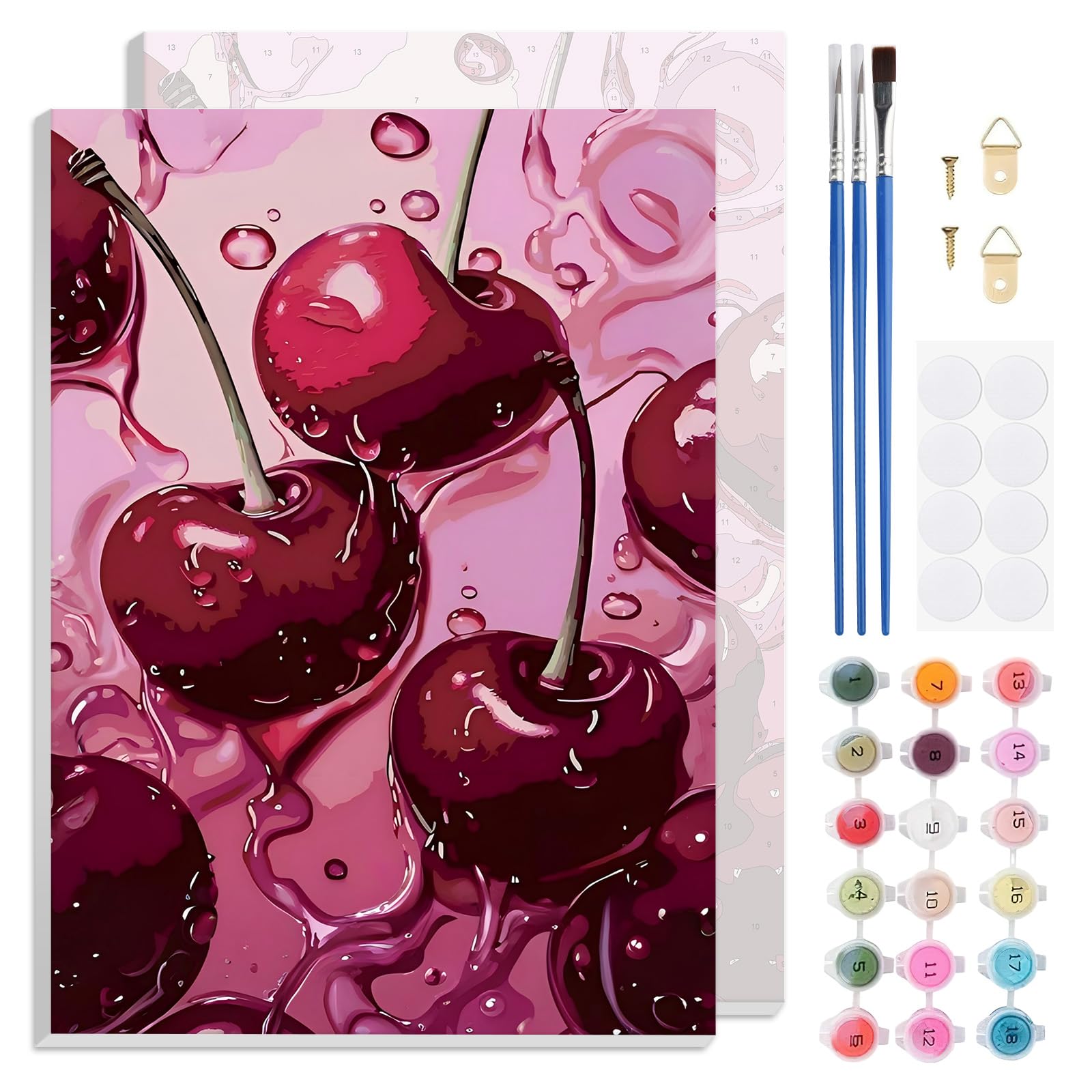 TLIOBLO Cherry Paint by Numbers Kits with Frame for Adults Beginners, DIY Pink Vintage Painting by Numbers on Canvas for Home Wall Decor Gifts 20x30cm