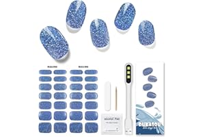 DUKASOU Semi Cured Gel Nail Strips, 28pcs Blue Glitter Gel Nail Strips with UV Light, Gel Nail Stickers Full Nail Wraps for Women Girls Kids Diy, Includes Prep Pads, Nail File & Wood Stick