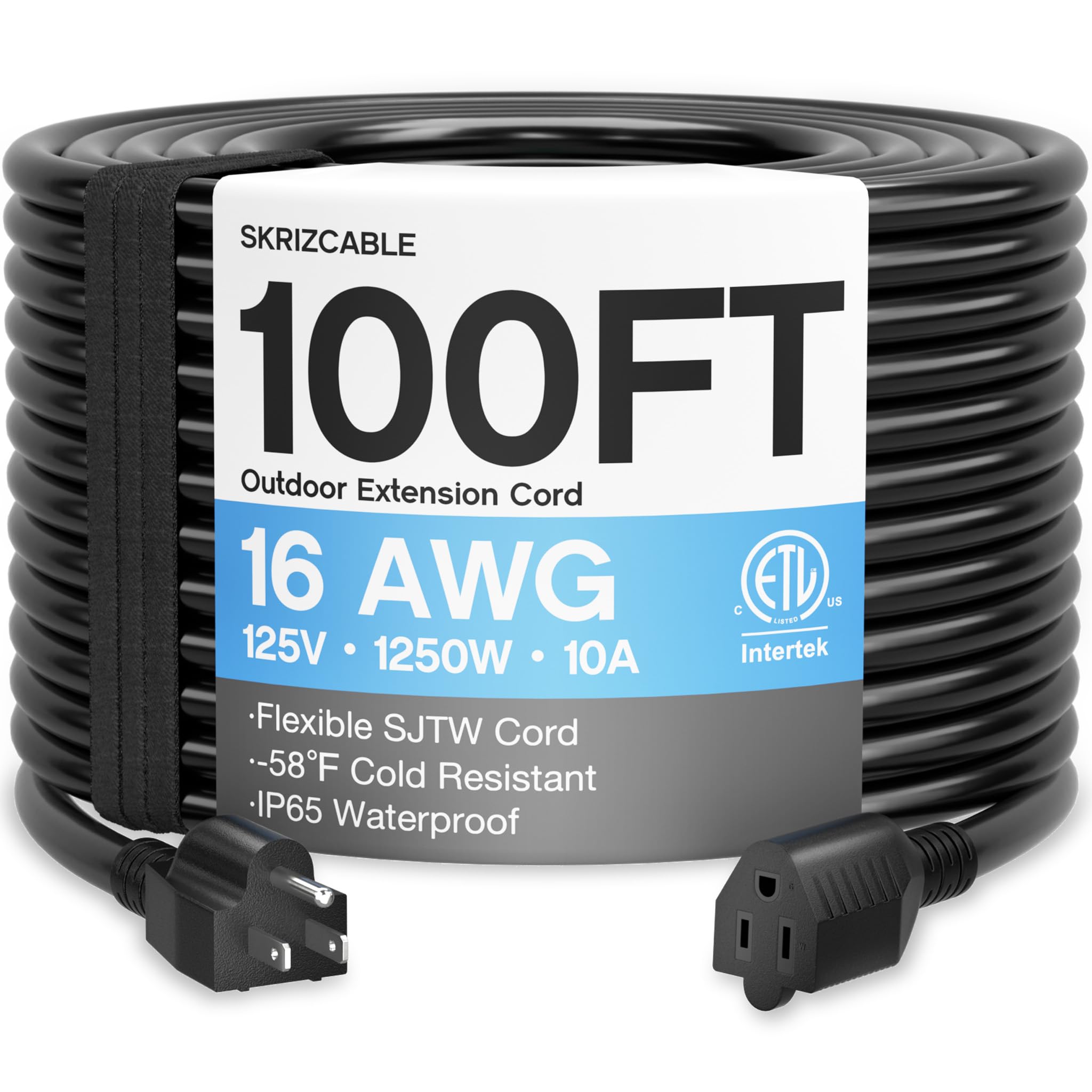 Photo 1 of 16/3 100 Ft Outdoor Extension Cord Waterproof, Weatherproof & Flame Retardant Black 3 Prong Power Cord Outside for Lawn & Garden, 16AWG 10A 1250W 125V SJTW ETL Listed