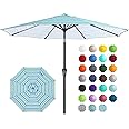 JEAREY 9FT Outdoor Patio Umbrella Outdoor Table Umbrella with Push Button Tilt and Crank, Market Umbrella 8 Sturdy Ribs UV Protection Waterproof for Garden, Deck, Backyard, Pool (Blue Green Stripe)