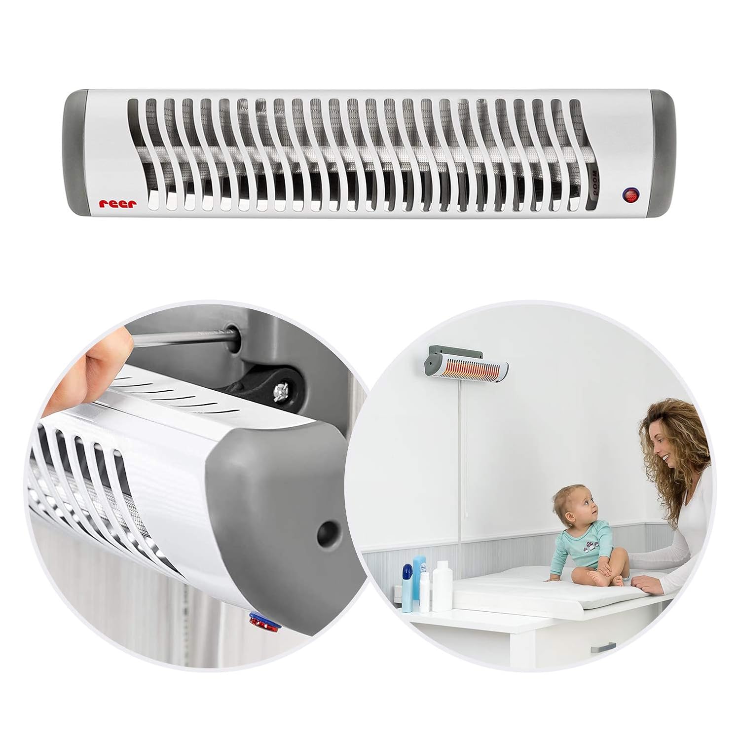 reer Wickeltischstrahler EasyHeat, Wand-Heizstrahler, Wärmelampe fürs Baby, kompaktes Design